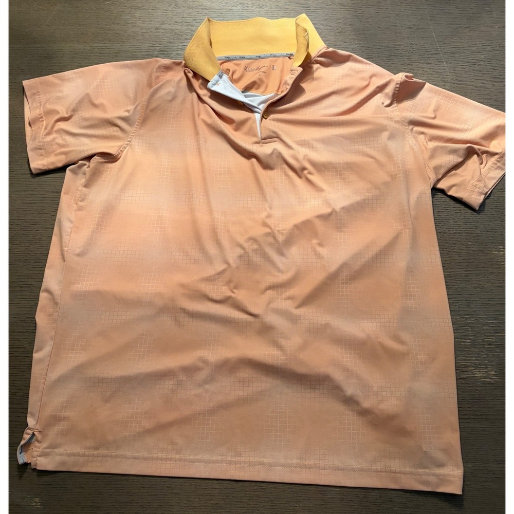 Walter Hagen Eleven Mens Peach Grid Print Golf Polo Shirt Large Short Sleeve